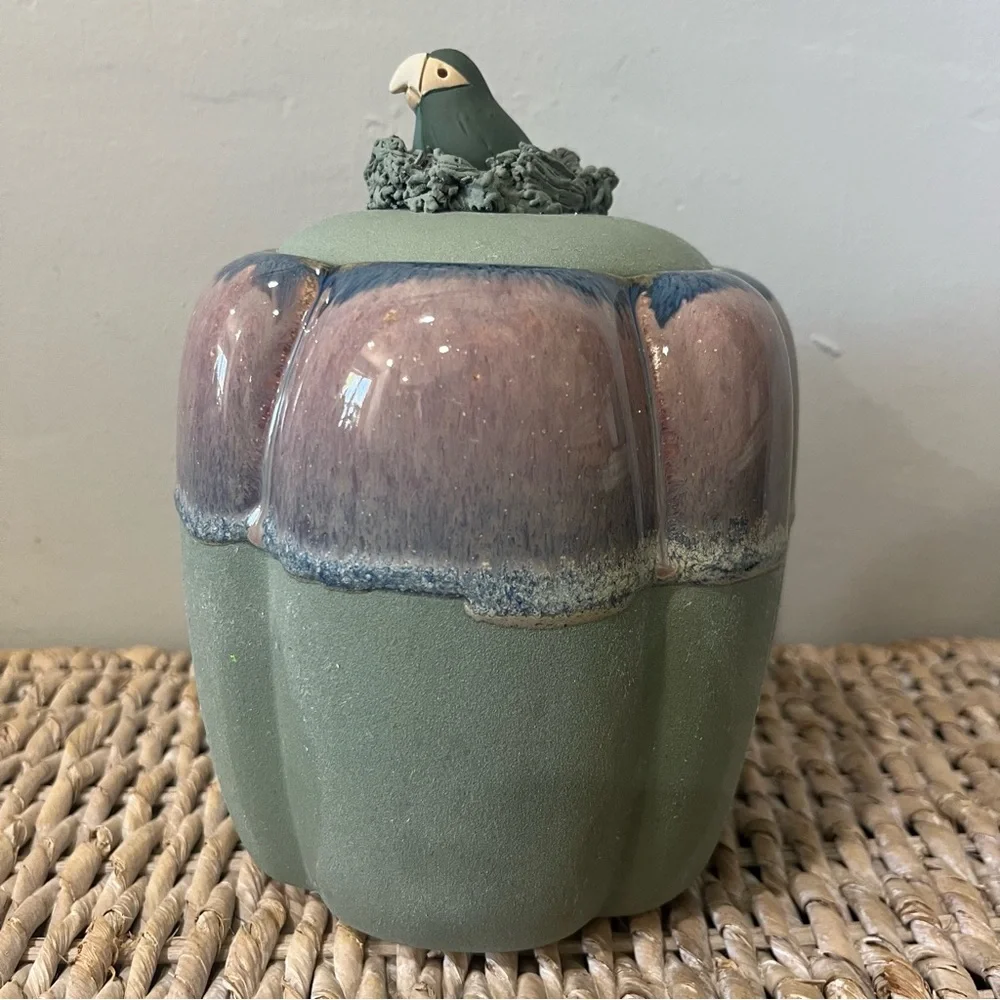 Mexican Pottery Garlic Keeper Container With Lid Tropical Bird In Nest 2 pcs‎ 7”